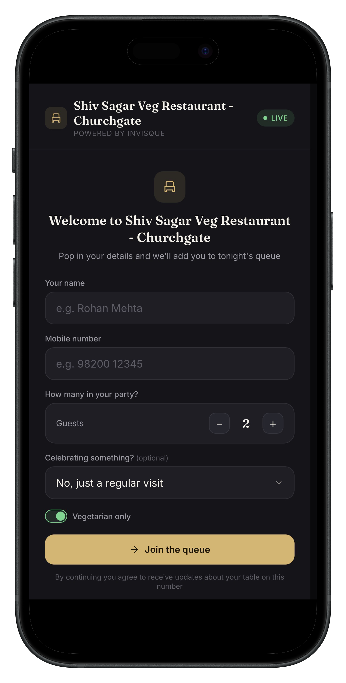 InvisQue customer app — join the queue by scanning QR code