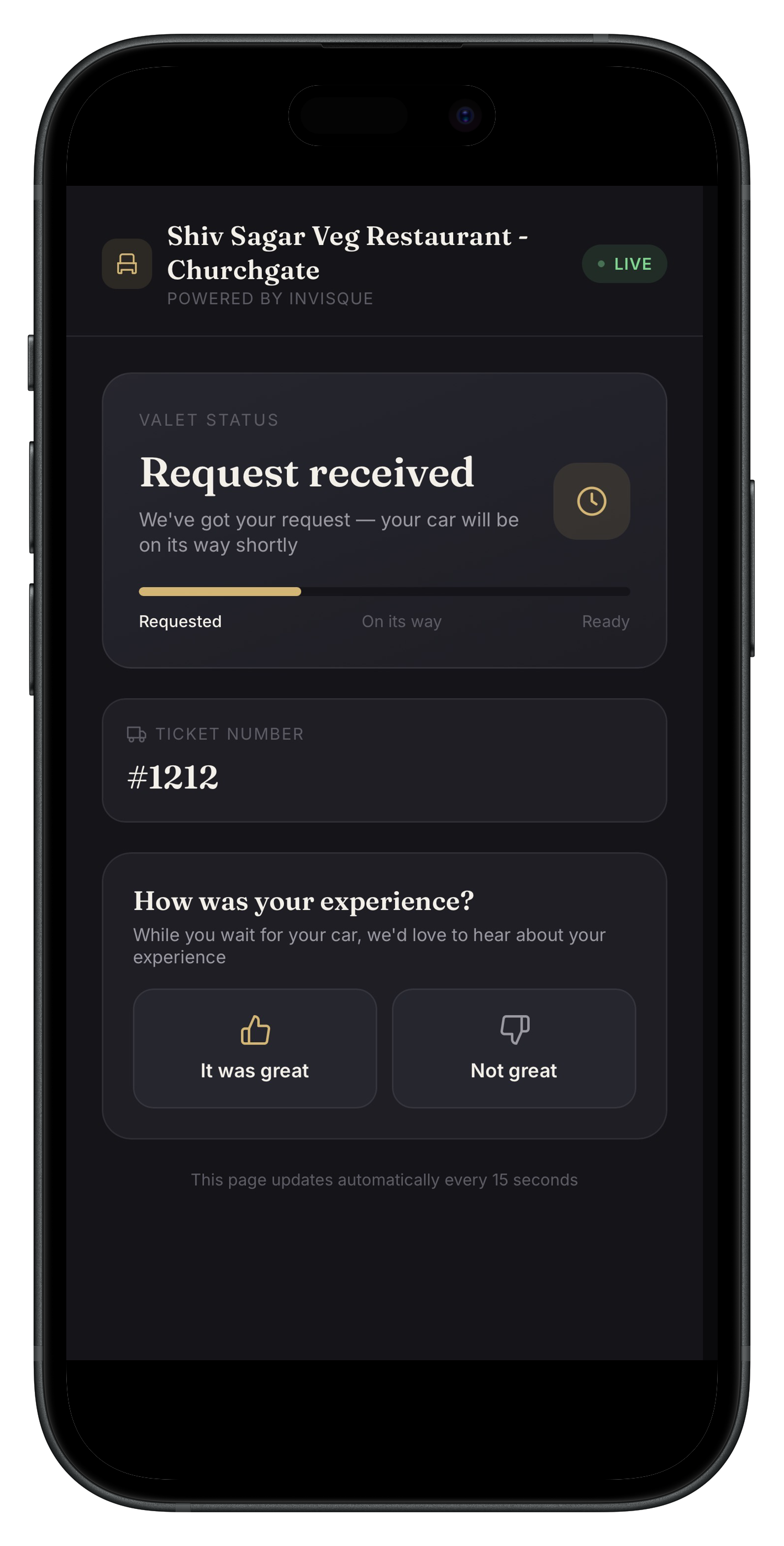 InvisQue valet app — guest car request received with ticket number