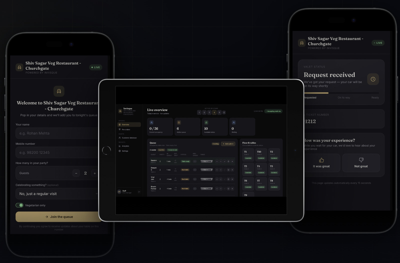 InvisQue — customer app, staff dashboard, and valet portal