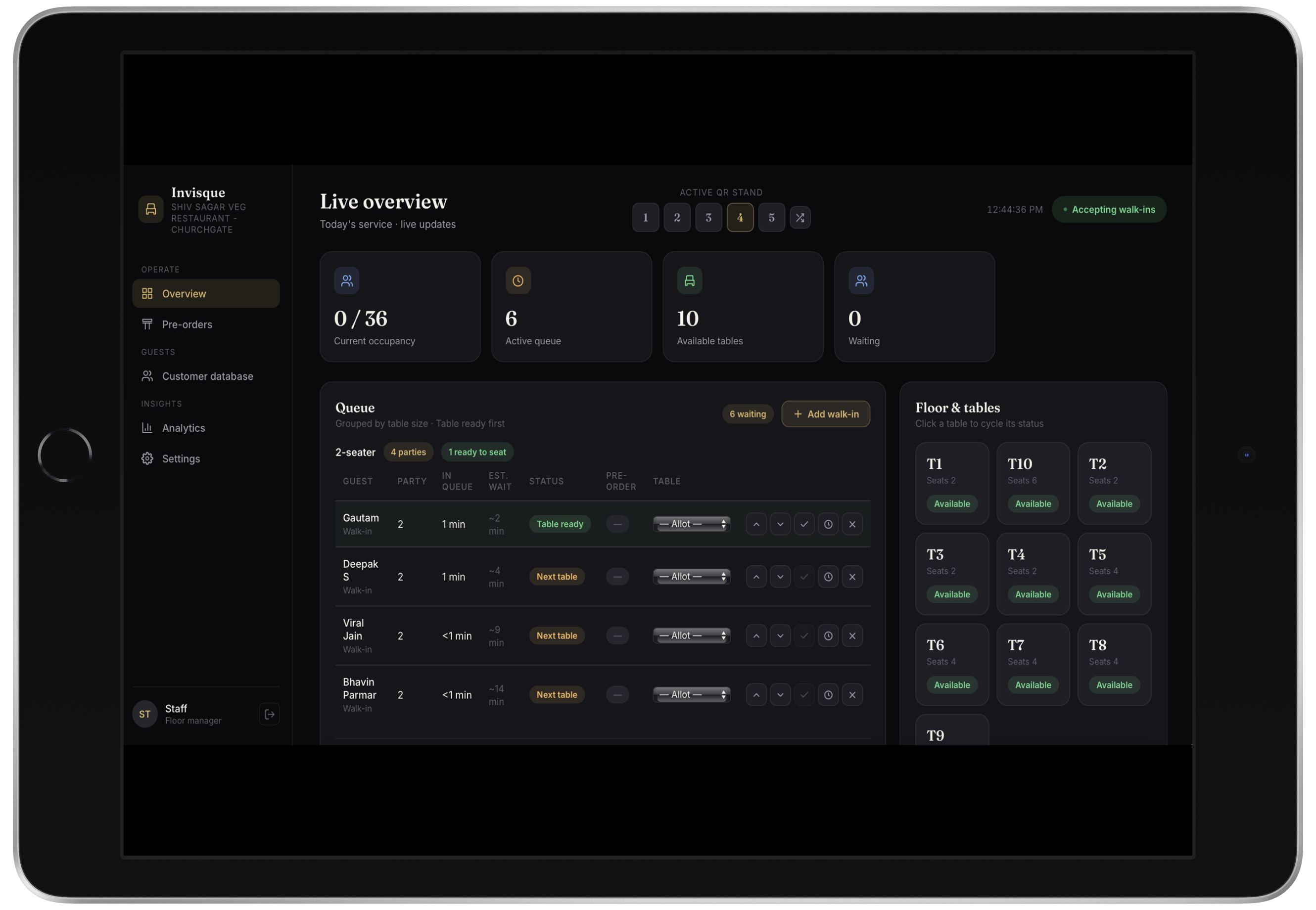 InvisQue staff dashboard — live queue view with table management on iPad